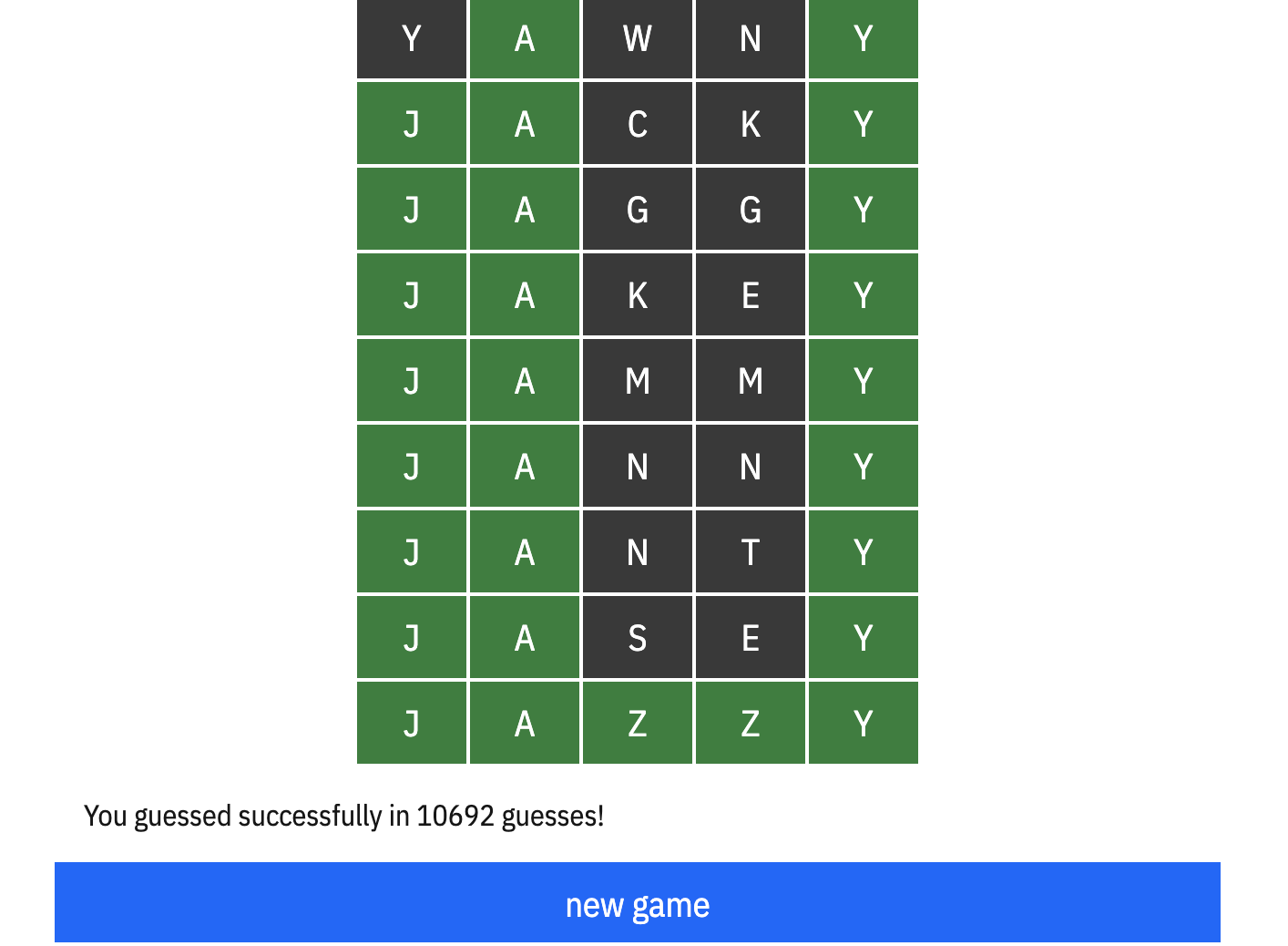 Screenshot of Absurdle showing the last few guesses of our 10692-guess game, ending with jazzy